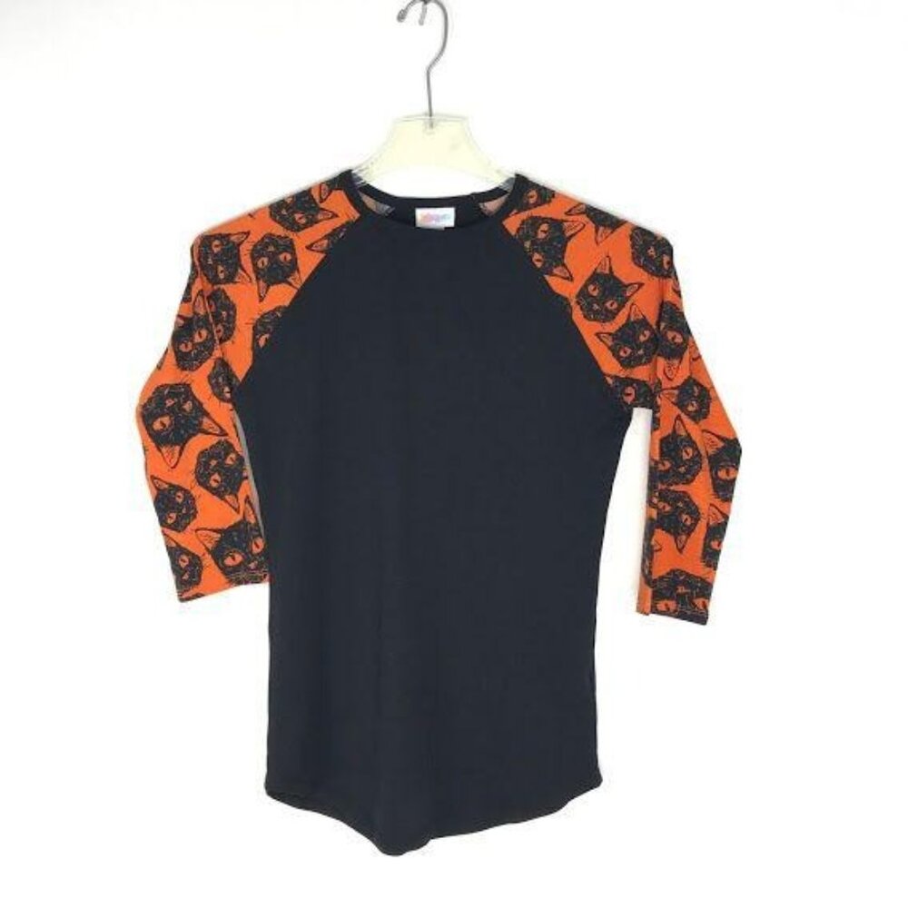 LulaRoe Womens XXS Randy Tee TShirt Cat Print Black Orange 3/4 Sleeve Halloween